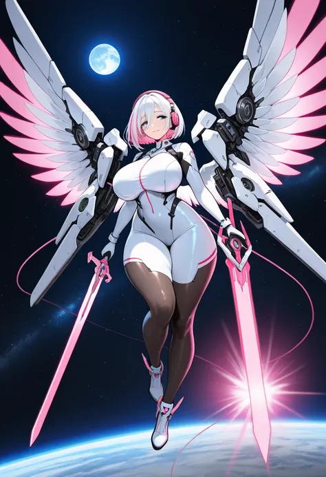 1girl, pink hair, white hair, two-toned hair, short hair, streaked hair, bangs, long bangs, blue eyes, huge breasts, wide hips, thick thighs, smile, light smile, headphones, sword, bodysuit, white bodysuit, futuristic, tech, science-fiction, neon, neon tri...