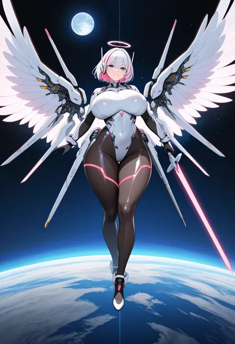 1girl, pink hair, white hair, two-toned hair, short hair, streaked hair, bangs, long bangs, blue eyes, huge breasts, wide hips, thick thighs, smile, light smile, headphones, sword, bodysuit, white bodysuit, futuristic, tech, science-fiction, neon, neon tri...