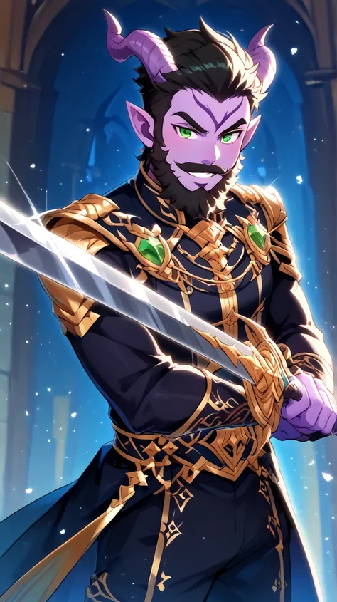 Male Bard rockstar Tiefling with purple skin,cool Tiefling horns with golden streaks, wearing leather outfit ,character of D&D, black hair, black beard, green eyes, smile,  Perfect Eyes, purple skin,medim black hair,Thick mustache, cabello negro, presumed,...