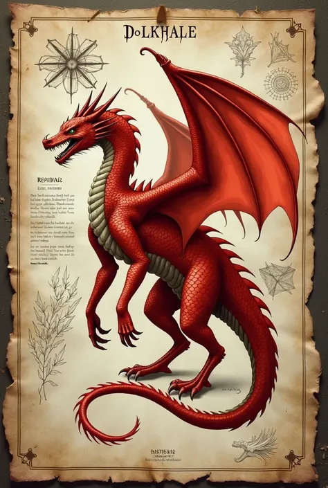 Diary page about hand-drawn red dragon, medieval, I study,  scroll, I study de anatomia sobre dragões, hand drawings, Title "Dolkhale". More written. Anatomy study. Dragon in black and white