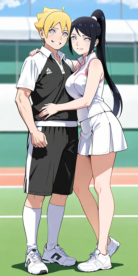 Old men (Raikage A), standing on the left, Hinata embrace the shoulder, grinning, Masterpiece, elegant mature woman, Hinata(boruto), white eyes, high ponytail long hair, tall body, tennis uniform, white sneakers, full body, smile, tennis field's, dynamic l...