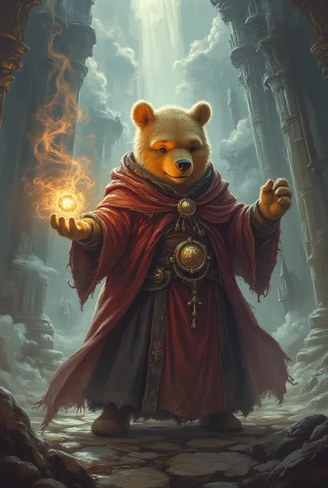 winnie the pooh mage , masterpiece,  best quality , Super Detail,an epic,4K,mystical castle,Wears a magician's robe ,  In fantasy art style ,  cinematic light ,  ultra detailed ,  8k resolution ,((Winnie the Pooh drawing style ))