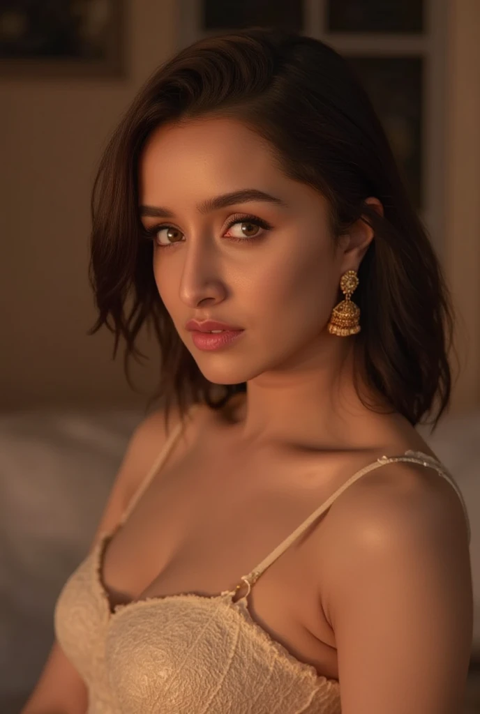 (masterpiece, best quality:1.2), 1girl, solo, Shraddha, kissing towards camera, oversized blouse, boobs valley, seducing eyes, small push up bra, 