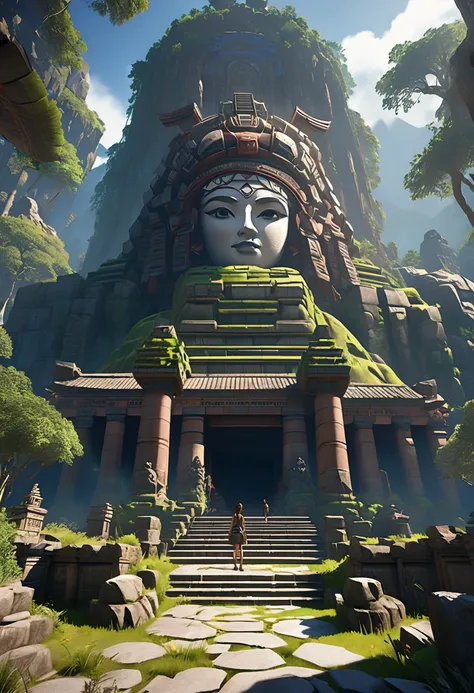 There is a stone statue in the center of the forest, Stone Eyes, Oxagian 3D Epic, movie『 Tomb Raider 』Still image of, By Simon de Vlieger, Ancient sacred architecture, Monster Mask,  Anamorphic Widescreen,  photorealistic-n 9, Neo-Andean architecture, PS2 ...