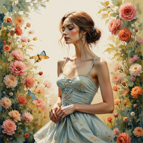 A stunning watercolor painting with high detail and a vibrant color palette. An breathtakingly beautiful young woman in a fashionable dress stands in a lush flower garden. The scene is a masterpiece, combining realism with the delicate, flowing textures of...