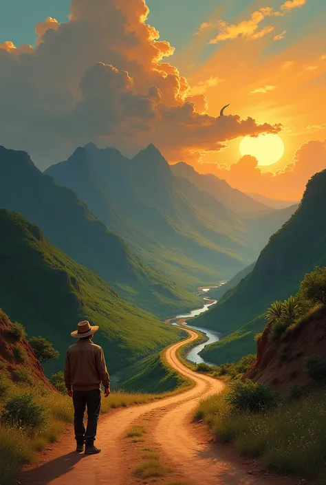 Draw a mountainous landscape with a winding road ending at the horizon. In the foreground, there is a traveler facing away, wearing a hat. The landscape should be set on the island of Madagascar (Africa). The mountains should be green with sparse vegetatio...