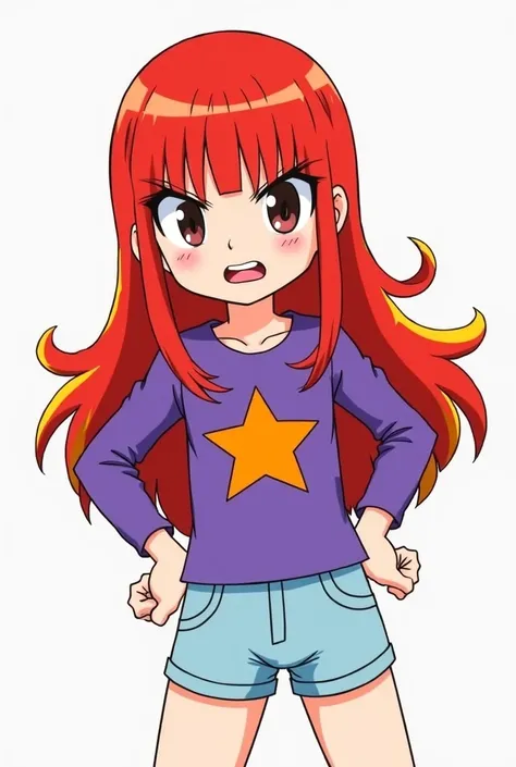 Character with long hair with red and yellow hair from the bottom up wearing a purple outfit with an orange star in the middle and a light blue leather shorts(Make one image with an angry face and the other with a happy face)