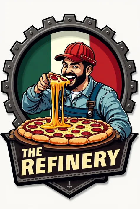  Make me a logo of a pizza restaurant called the refinery with an industrial theme, The Mexican flag in the background and a pizza that drops the cheese on one side while being bitten by an engineer with a helmet