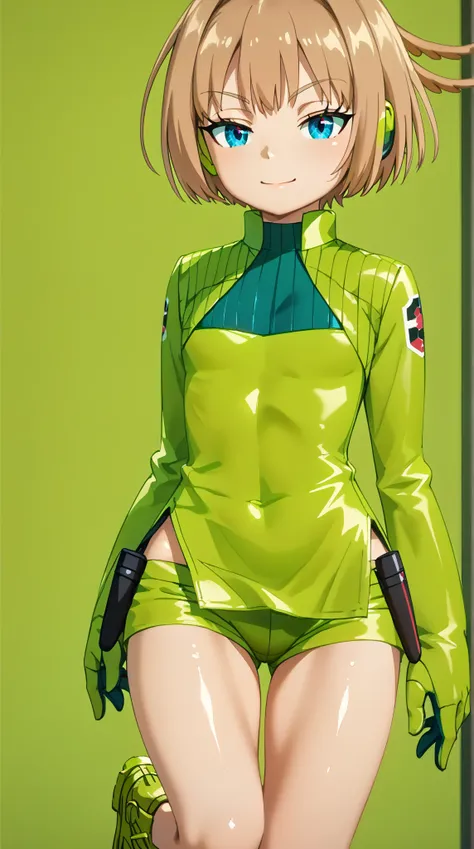 (UHD, retina, masterpiece, accurate, anatomically correct, super detail, high details,     highres, 1080P, 16k:1.3)、(Kirie Konami ai:1.3)、short hair、light brown hair、(very flat chest:1.5)、(shiny skin:1.3)、(green jacket, gloves, green shorts,green footwear:...