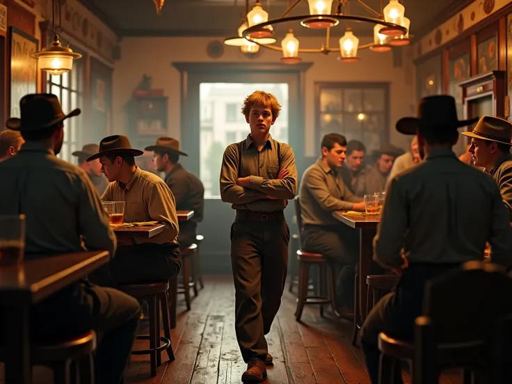 Année 1899 un jeune homme de 14 ans cheveux blonde court il aura une tenue de bas de gamme, il sera dans un saloon et il servira de la nourriture a des clients 