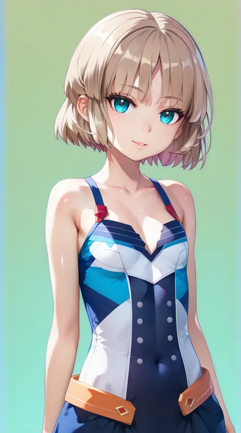 (UHD, retina, masterpiece, accurate, anatomically correct, super detail, high details,     highres, 1080P, 16k:1.3)、(nasu rei:1.3)、short hair、light brown hair、(very flat chest:1.5)、(shiny skin:1.3)、(trion costume:1.5)