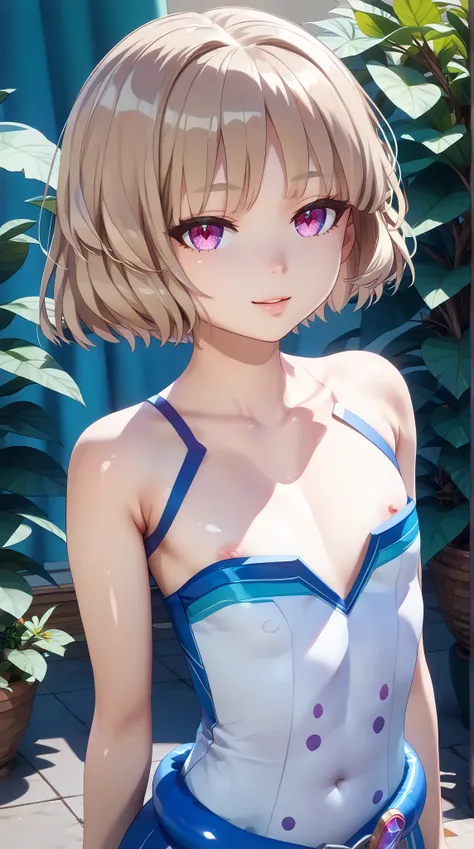 (UHD, retina, masterpiece, accurate, anatomically correct, super detail, high details,     highres, 1080P, 16k:1.3)、(nasu rei:1.3)、short hair、light brown hair、(very flat chest:1.5)、(shiny skin:1.3)、(trion costume:1.5)