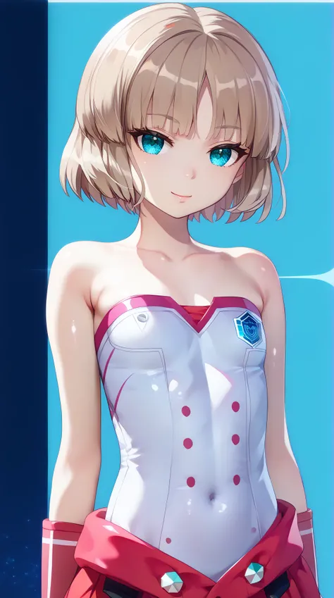 (UHD, retina, masterpiece, accurate, anatomically correct, super detail, high details,     highres, 1080P, 16k:1.3)、(nasu rei:1.3)、short hair、light brown hair、(very flat chest:1.5)、(shiny skin:1.3)、(trion costume:1.5)