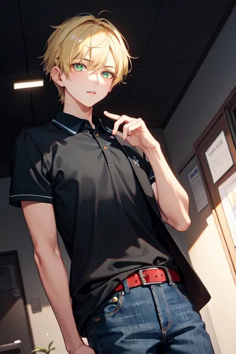  short blond hair，Liuhai Sea is dense，Light green eyes， pretty boy，dark blue short jacket，red polo shirt ， jeans ，American suburban background