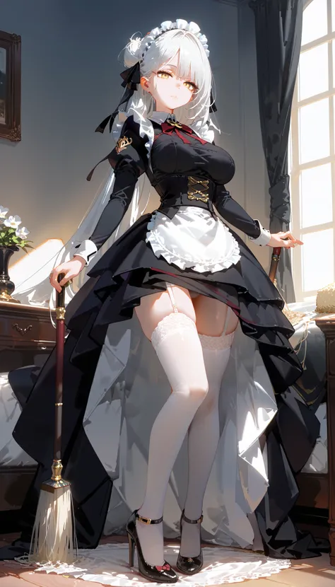 ( white hair), ( gold eyes),  long hair,  bangs,  attractive proportions ,  Perfect Ratio ,  ideal body proportions ,  attractive proportions , Full female ,  curvy body , (( viewers)),  shiny skin,  huge boobs, (small waist), ((Maid)), Maid복, ((At the man...