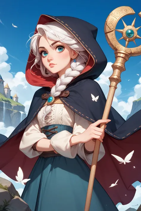 A rock genius .  round face. Yeux écarté et petite bouche . Sa peau est marron clair . Her white hair is long and tangled..  She's wearing a thick cloak with a hood that covers her head. . She has a big staff  