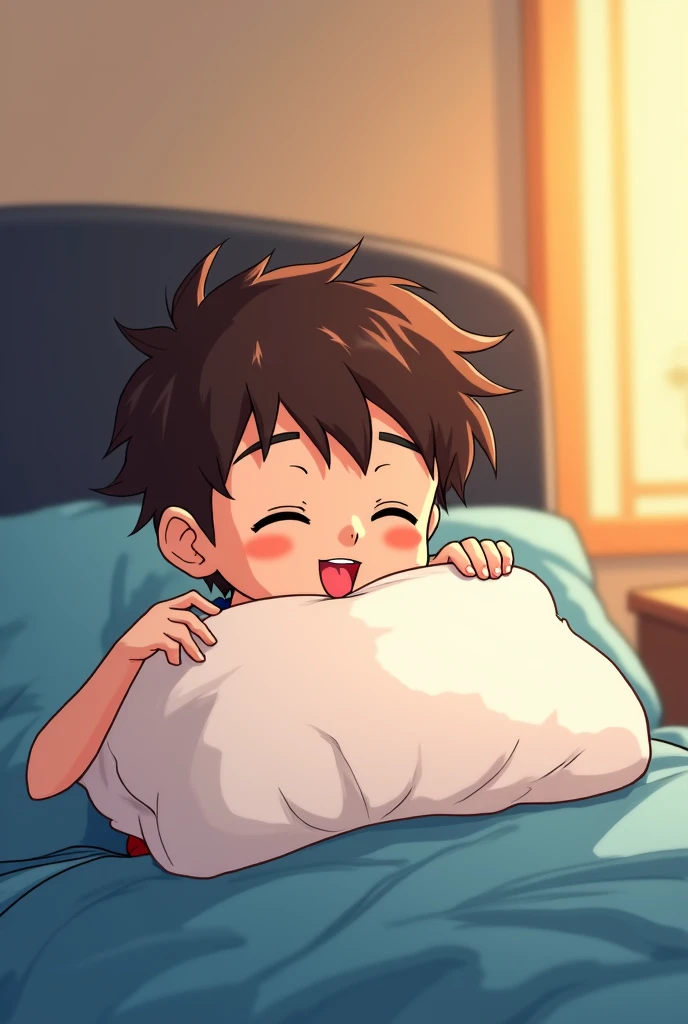  brown haired fourteen years old cute boy in his blue and black bed licking his pillow (anime version)