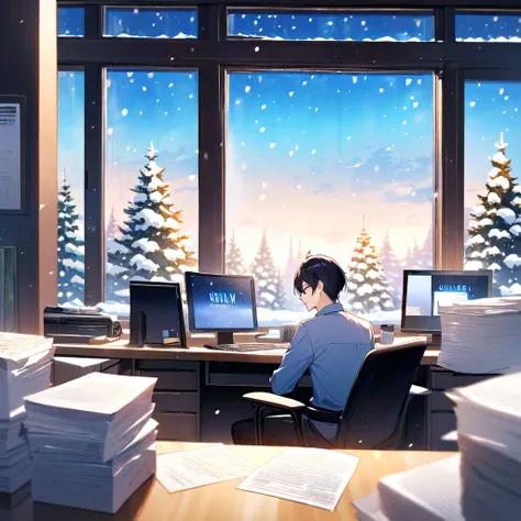  A young man, with medium-length black hair and a melancholic expression, sits alone in an office ,  watching the snow fall through a large window .  Holds a steaming cup of coffee with both hands ,  seeking warmth .  The office is sparsely furnished ,  wi...