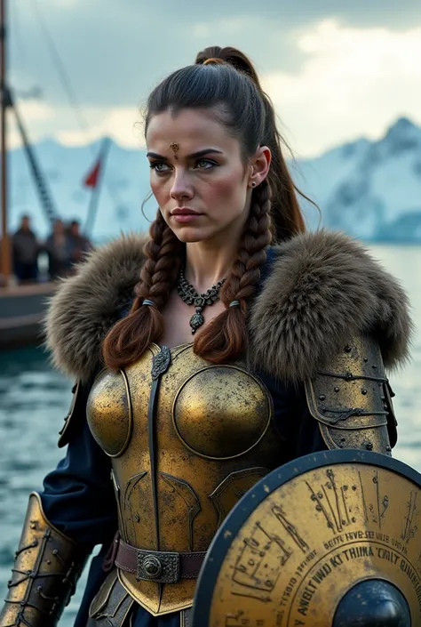 A powerful Viking warrior queen with ash-brown hair styled in braided side plaits, wearing gold-plated armor with fur accents. She holds a sword with runic engravings and a round shield bearing a raven emblem. The background features a Viking fleet sailing...