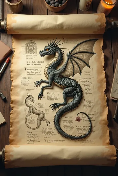  diary page about dragon, medieval, I study,  scroll,  hand drawing , Dragon Anatomy, I study, medieval. Tornar a imagem de centro um  hand drawing , Only writings and drawings