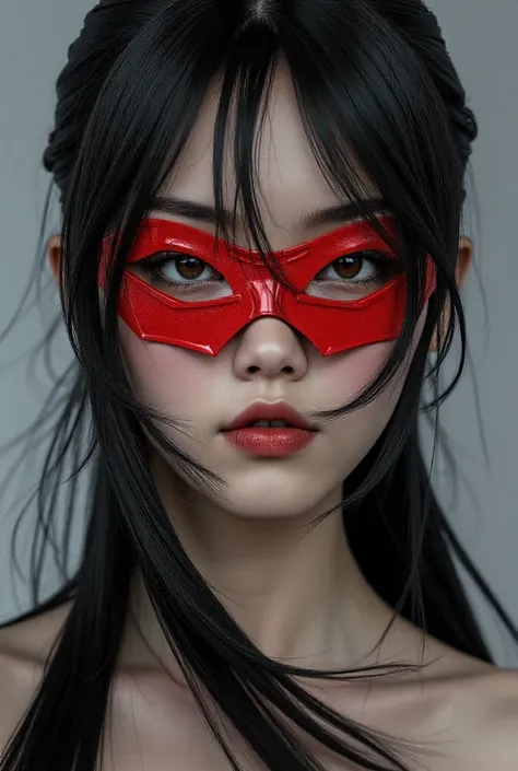 An Asian girl with a red mask and long straight black hair 