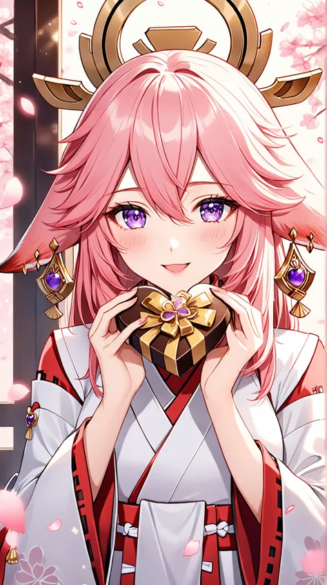 A highly detailed anime-style illustration of Yae Miko from Genshin Impact, holding a heart-shaped chocolate gift close to her face with both hands. Her expression is a mix of playful teasing and affectionate charm, with a slight blush on her cheeks. She i...