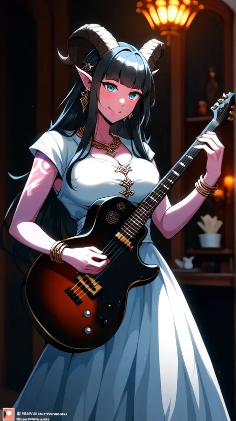 Female Bard rockstar Tiefling with pink skin,cool Tiefling horns with golden streaks,character of D&D, black hair,Ojos azules,  smile, playing_ instrument, electric_guitar,  Perfect Eyes, pink skin,adult actress,background fantasy tavern, big breasts,  smi...