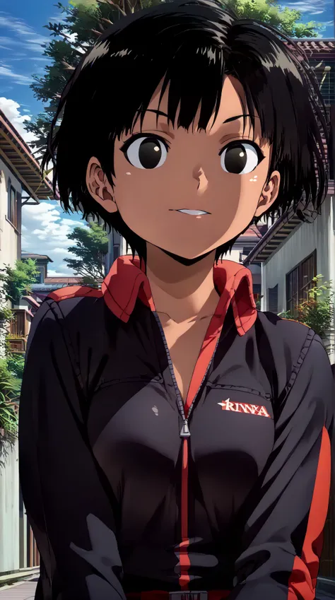 (UHD, retina, masterpiece, accurate, anatomically correct, super detail, high details,     highres, 1080P, 16k:1.3)、(Obishima Yukari:1.3)、(dark-skinned female, short hair, black hair, black eyes:1.5)、(shiny skin:1.3)、(trion costume:1.3)