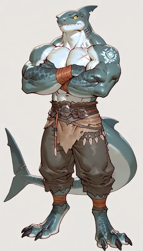 sharkman, anthro megalodon, darker hands and fins, black back, solo, big arms, bara, detailed skin, lizard shark hybrid, anthro, closed mouth, tribal, detailed shark skin, scalie arms, fins on arms, gray color body, beefy, thick scales on arms, digitigrade...