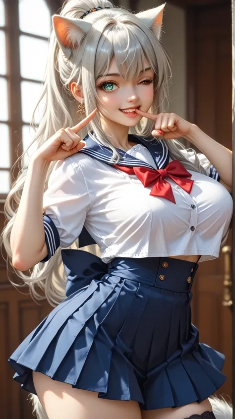 nsfw, （Best Quality), ***********************、a girl, solo, sexy, (lovely), sailor uniform, Short skirt, silver blonde hair, semi long hairstyle, cat ears, {cool eyes,  Turquoise: 1.2}, a fluffy cat tail on your butt, swayback stance ,gravure pose,  ((larg...