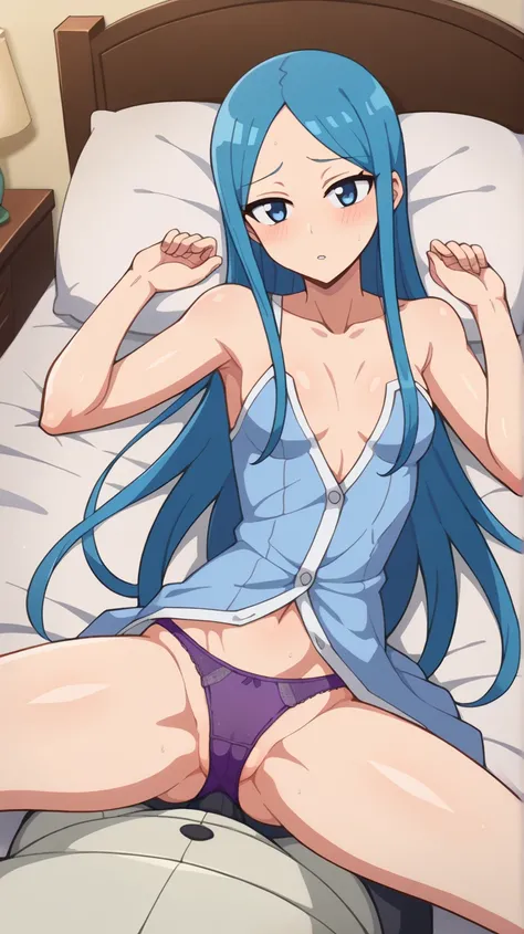  robo,   sensualizing,   pose sexy,  blue hair,  blue eye, Long hair ,  big ass, firm ass, medium chest, firm chest,  Anatomically correct,  position of four in bed ,  not enough clothes,  purple panties, High resolution Traparent clothing,  masterpiece,  ...