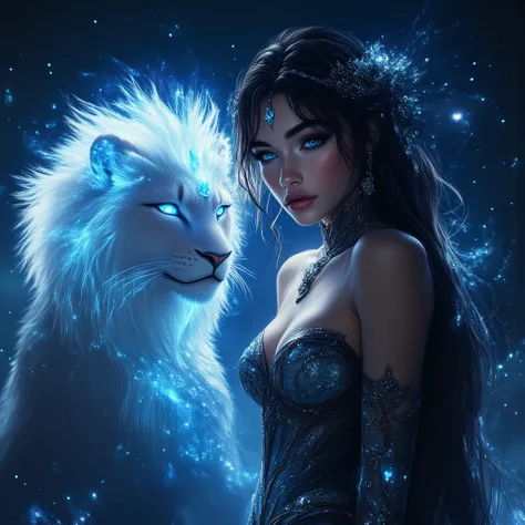 Fantasy Art, ethereal, cinematic lighting, ultra-detailed, highly detailed, dramatic contrast, glowing effects, intricate jewelry, soft focus, vibrant colors . A stunning, ethereal woman with long, flowing black hair and striking, glowing blue eyes. Her po...