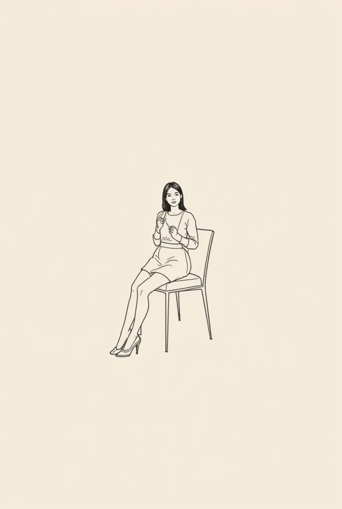 Minimalistic illustration with a clear outline of a woman sitting on a chair with her legs crossed in a miniskirt