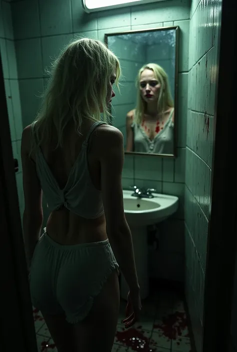 A pale woman with disheveled blonde hair appears in an abandoned school bathroom. Her face is stained with blood, her eyes empty and dark. The flickering lights reflect her silhouette in the cracked mirror. The environment is dark, damp, and covered in moi...