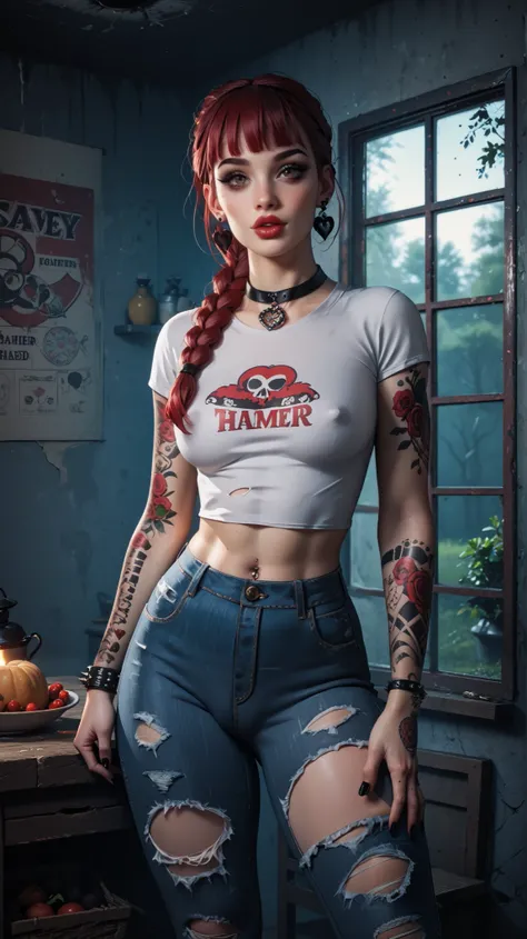 Gothic girl farmer, 19 years old, perfect body, perfect figure, third size tits, plump lips, red braided hair, body tattoos and piercings, stands in Horror Farmhouse, dressed in tight sexy ripped jeans that emphasize her figure in a quality and stylish way...