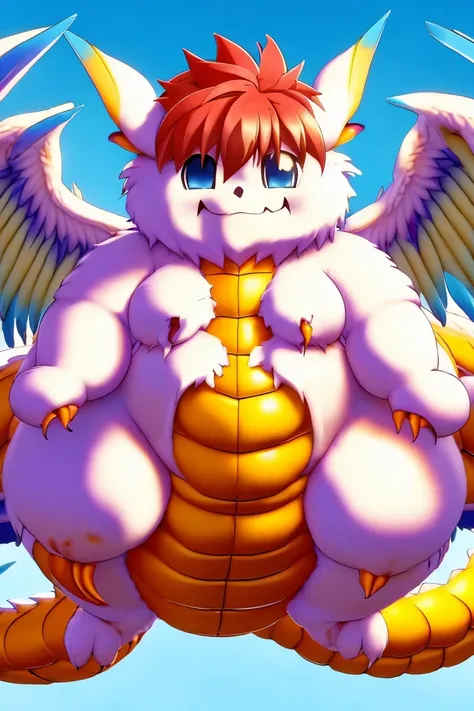 orange hair, source_anime,solo femboy,dragon,highest quality, blue eye, dragon tail, cute, white body,feathered wings,  neck fur, low wings, multiple wings.

My belly and limbs are very fat,