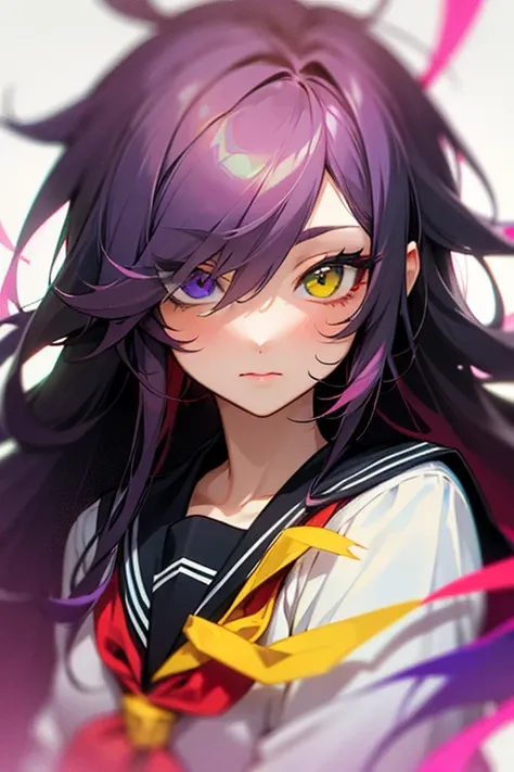 1girl, cute, pastel colors, heterochromia, yellow right eye, red left eye, dark cyber grape hair, looking straight at viewer, black serafuku, long hair, messy hair.