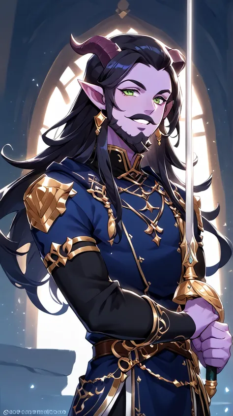 Male Bard rockstar Tiefling with purple skin,cool Tiefling horns with golden streaks, wearing leather outfit ,character of D&D, black hair, black beard, green eyes, smile,  Perfect Eyes, purple skin,medim black hair,Thick mustache, cabello negro, presumed,...