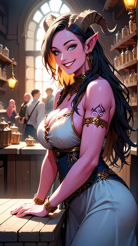 Female Bard rockstar Tiefling with pink skin,cool Tiefling horns with golden streaks,character of D&D, black hair,Ojos azules,  smile, playing_ instrument, acoustic_guitar,  Perfect Eyes, pink skin,adult actress,background fantasy tavern, big breasts,  smi...