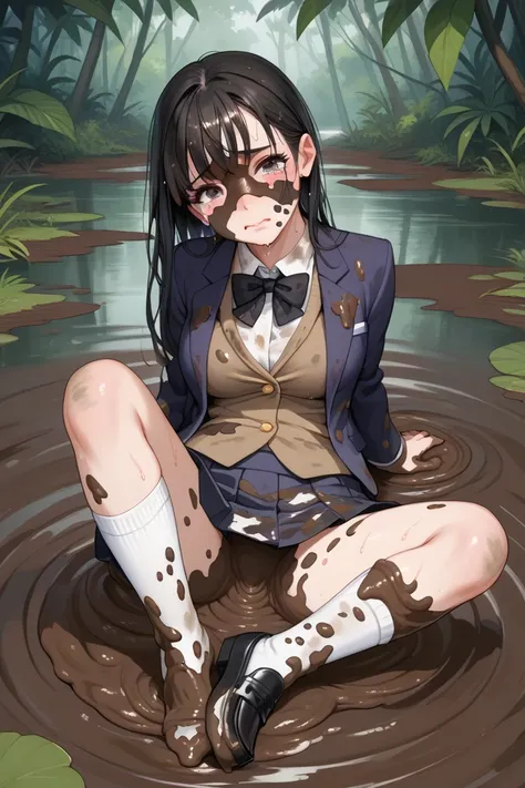  top quality, girl,((( blazer covered in mud,Skirt covered in mud, white socks covered in mud, Black Loafers Muddy:, sweaty))),Head and cheeks covered in mud,Bathe in muddy water from your head,dirty blazer, Dirty Skirts,Dirty white socks,dirty loafers, bl...