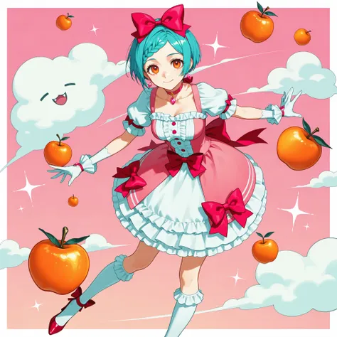 penis_on_face, solo, 8k, aqua hair, short hair, braided_bangs_(hairstyle), calm, BREAK, orange eyes, toothy_smile, freckles, medium breasts, gentle_smile, BREAK, 1girl abstract_background border bow bubble_skirt buttons center_frills chest_jewel choker clo...