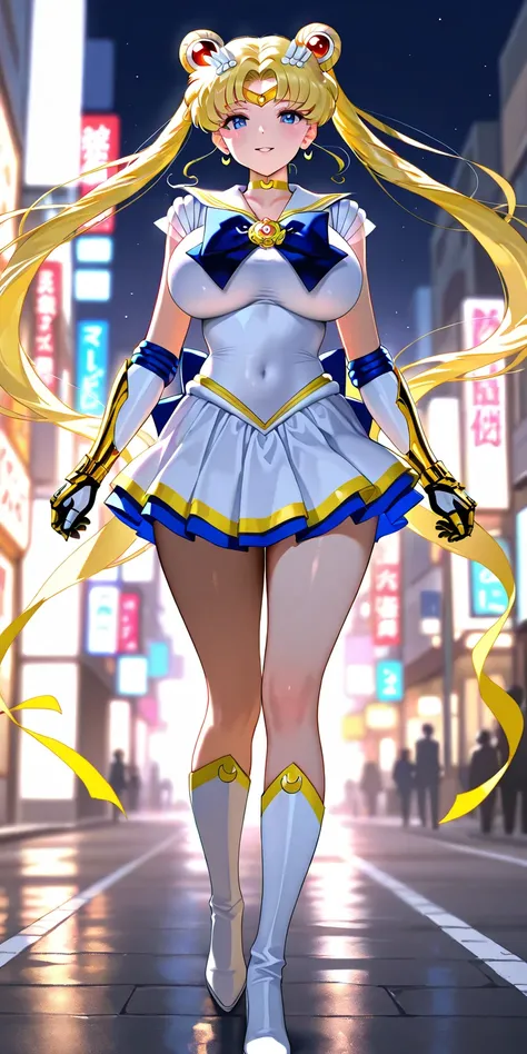 Masterpiece, elegant mature woman, sailor moon\(sailor moon\), tall body, big breast, white sailor senshi uniform (white sailor senshi uniform skirt, white sailor senshi uniform gauntlet, white sailor senshi uniform high boots, yellow ribbon on the hips), ...