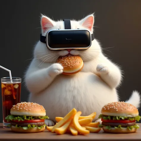 Fat white cat putting on a VR headset and doing a press test while eating hamburgers and cola 、 potatoes