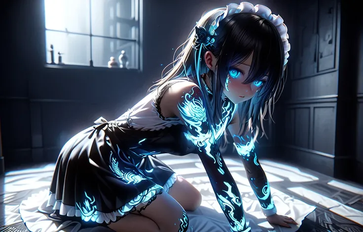 detailed cyberpunk female、focus on the whole body,  show your ass on all fours、  looking back、leusepantis 、 maid ,  maid uniform,  dim room 、capricious、Night、Dark、 open foot 、 open leg 、 Open crotch , realistic 3d rendering, hyper detailed, unreal engine, ...