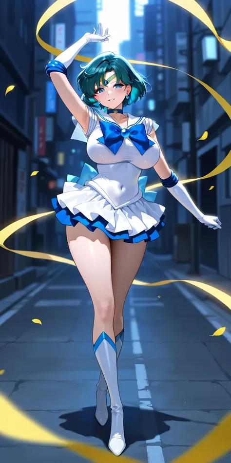 Masterpiece, elegant mature woman, sailor mercury\(sailor mercury\), tall body, big breast, white sailor senshi uniform (white sailor senshi uniform skirt, white sailor senshi uniform gauntlet, white sailor senshi uniform high boots, yellow ribbon on the h...