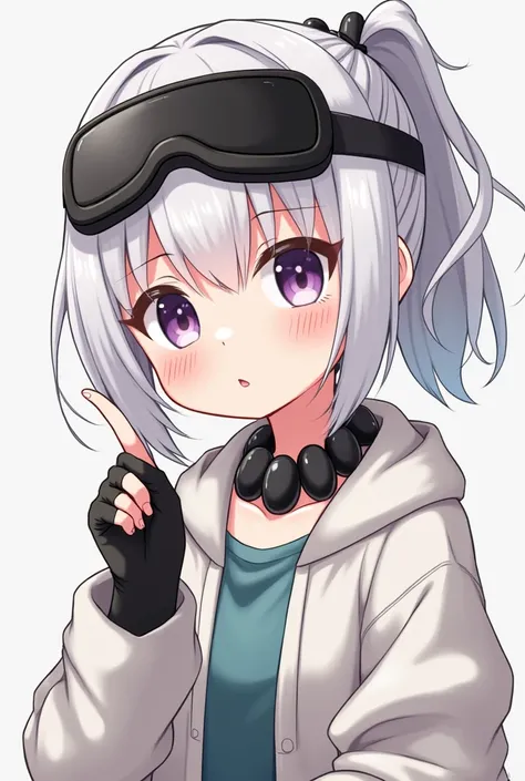 Very cute female cuddly female character shamefully makes her white hair tied with bangs 
Wearing black ski goggles over her head makes her embarrassed and shy 
White skin color a shadow on her forehead a black rock necklace around her neck makes her more ...