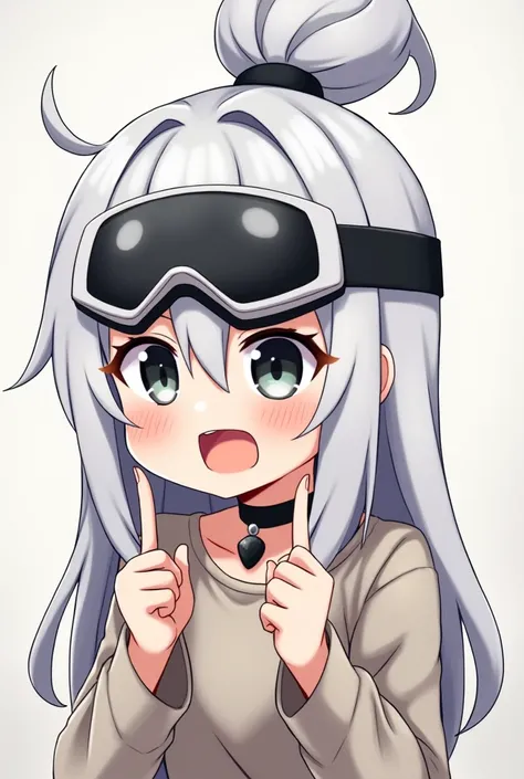 Very cute female cuddly female character shamefully makes her white hair tied with bangs 
Wearing black ski goggles over her head makes her embarrassed and shy 
White skin color a shadow on her forehead a black rock necklace around her neck makes her more ...