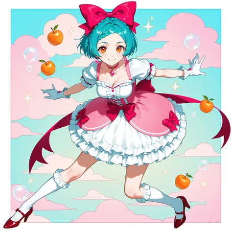 penis_on_face, solo, 8k, aqua hair, short hair, braided_bangs_(hairstyle), calm, BREAK, orange eyes, toothy_smile, freckles, medium breasts, gentle_smile, BREAK, 1girl abstract_background border bow bubble_skirt buttons center_frills chest_jewel choker clo...