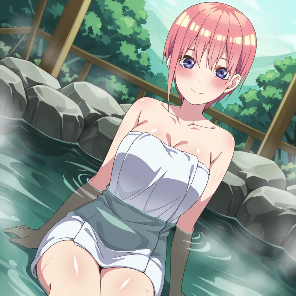 detailed background,  shiny skin, posing, 
 gotoubun, ichika, , , outdoors, onsen, towel, , steam, bathing, , partially submerged, water, bath,  looking at viewer, cowboy shot, dutch angle, solo, , smile, , sitting