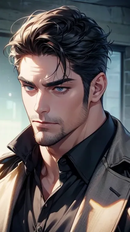 (      better quality  ,4K,8k,   highres,   masterpiece:1.2),   ultra-detailed,( realistically,photo realistically,photo- realistically:1.37),36-year-old man,3 day beard,cute anime ,Portraits,strong,Masculine,   dark hair,sharp jaw,      mesmerizing eyes  ...